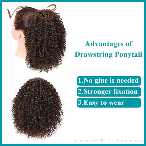 Vigorous High Quality Middle Long Kinky Curly Dark Brown High Temperature Fiber Drawstring Synthetic Ponytail Hair Extension